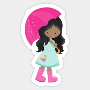 African American Girl, Rain, Raincoat, Umbrella Sticker